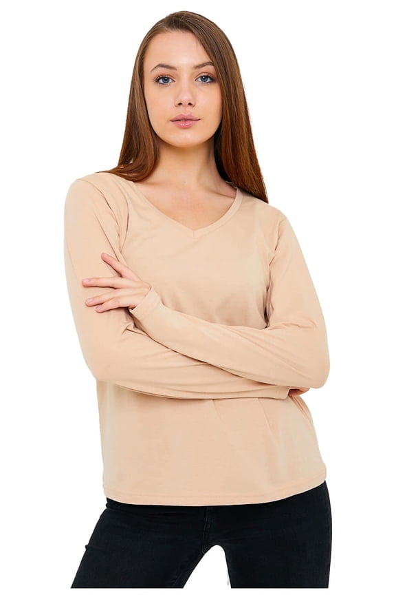 Women’s Long Sleeve V-Neck T-Shirt, Sand Soft Pima Cotton, Large
