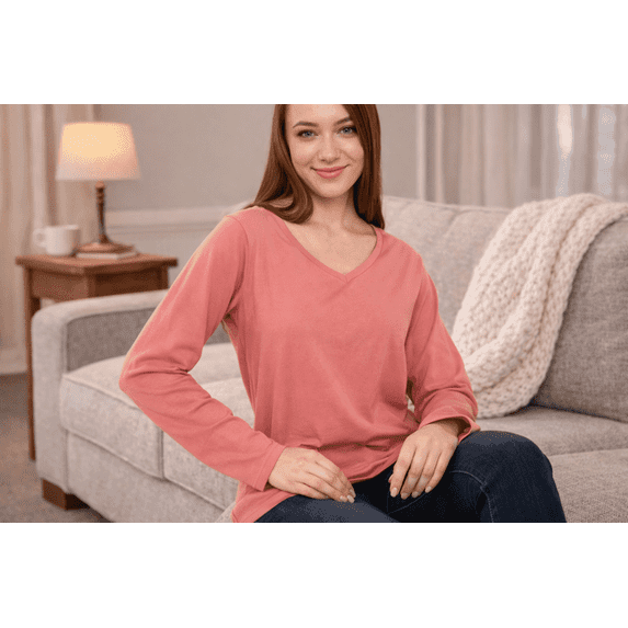 Wear Sierra Women’s Long Sleeve V-Neck T-Shirt, Coral Soft Pima Cotton, XL