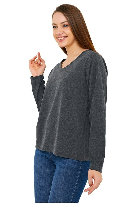 Women’s Long Sleeve V-Neck T-Shirt, Dark Heather Gray Pima Cotton, M