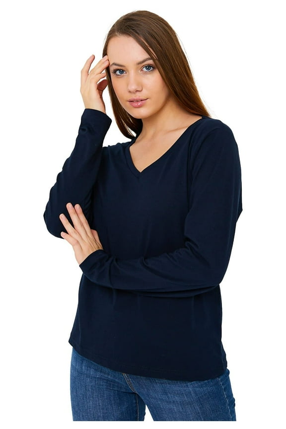 Women’s V-Neck Cotton T-Shirt – Soft Breathable Long Sleeve Top, Marine, Medium