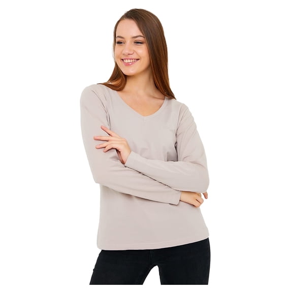Wear Sierra Women’s Long Sleeve V-Neck T-Shirt, Stone Soft Pima Cotton, Small