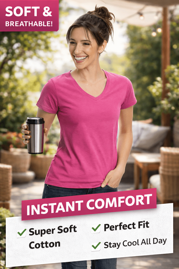 Women's V-Neck T-Shirt, Turkish Pima Cotton, Soft & Breathable, Pink, Small