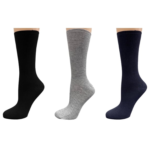 Sierra Women’s Diabetic Bamboo Crew Socks, Non-Binding, Wide Calf, Black, Navy, Gray, 3-Pack