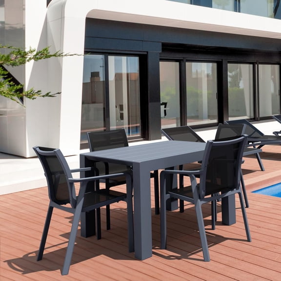 Compamia Pacific 5 Piece Dining set with Extension Table and Sling Arm Chairs Dark Gray Frame Black Sling