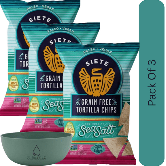 Siete Family Foods Grain Free Sea Salt Tortilla Chips, Light Crunch, 5 oz Bag With Olive Green Bowl By ValueNest