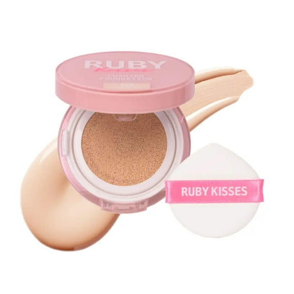 Ruby Kisses Cushion Foundation, Full Coverage Korean Makeup, Lightweight & Long Lasting, All Day Natural Glowy Finish for All Skin Types with Hyaluronic Acid & Bakuchiol (Fair Ivory, 0.52 Ounce)