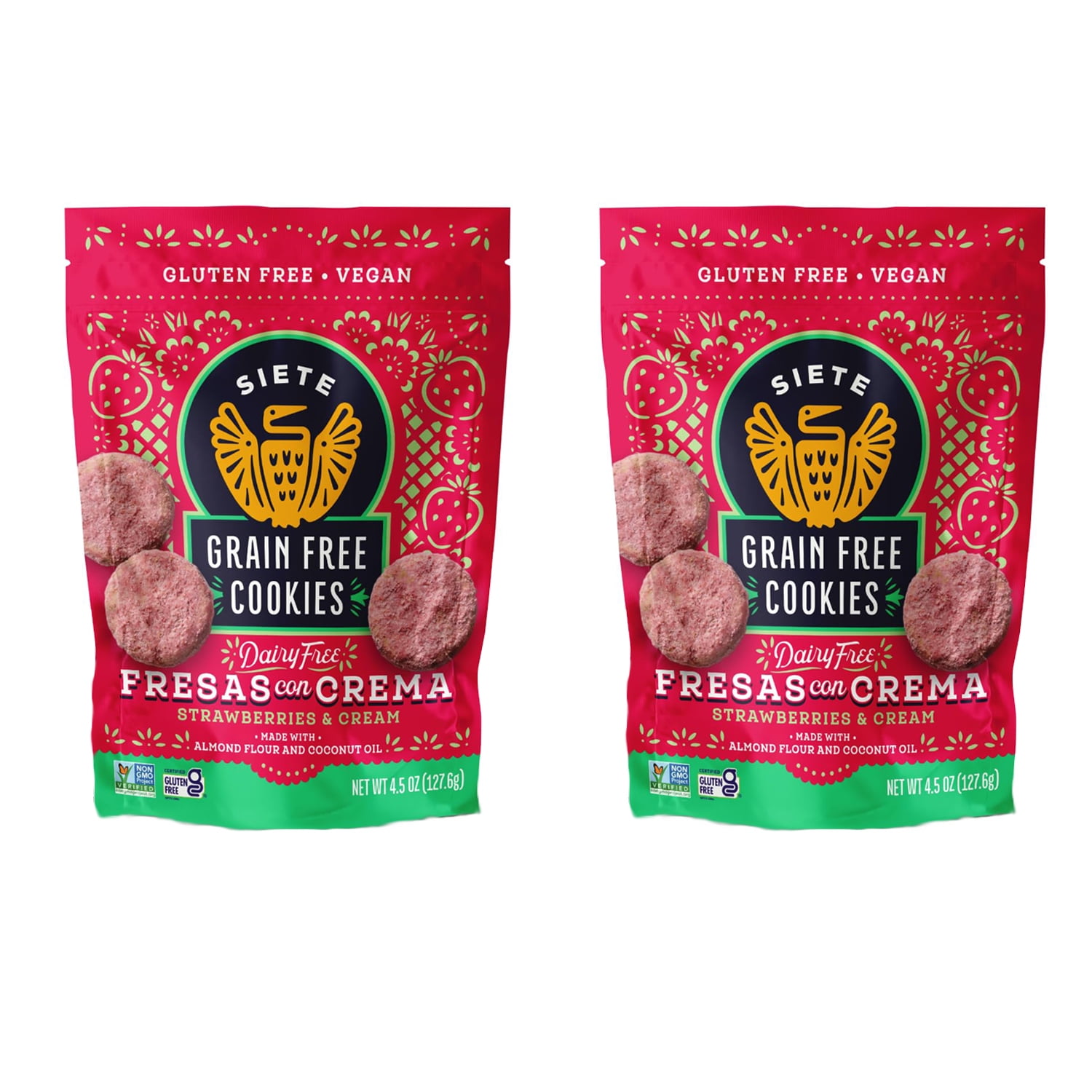 Siete Grain Free Fresas Con Crema Cookies, Strawberries & Cream Cookies 4.5 oz, 2 Pack