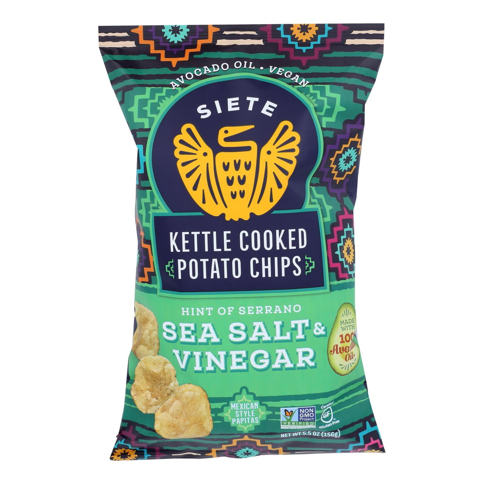 Siete Grain Free Kettle Cooked Potato Chips, Gluten Free, Paleo, Vegan, Non-GMO, Sea Salt & Vinegar w/ Hint of Serrano, 5 Oz. Bags, (Pack of 6)