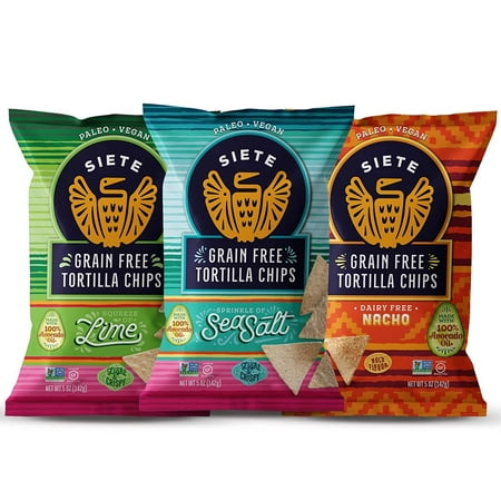 Siete Grain Free Tortilla Chips Mix, 2 Sea Salt, 2 Lime, 2 Nacho, 5 oz bags, 6-Pack