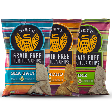 Siete Grain Free Tortilla Chips Mix, 4 Sea Salt, 4 Lime, 4 Nacho, 5 oz bags, 12-Pack
