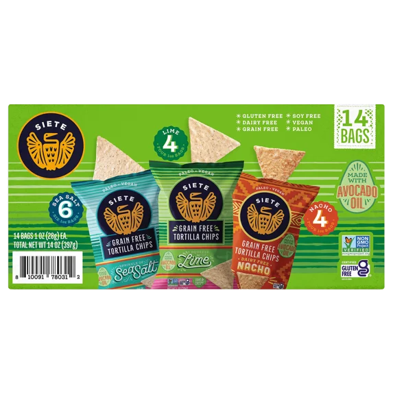 Siete Grain Free Tortilla Chips Variety Pack, 1 oz Bags (14 ct) – Gluten Free, Vegan, Paleo, Non-GMO Chips