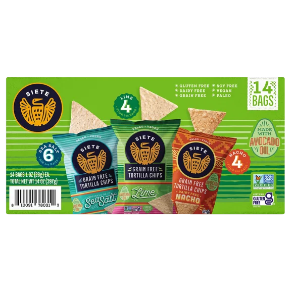 Siete Grain Free Tortilla Chips Variety Pack, 1 oz Bags (14 ct) Gluten Free, Vegan, Paleo, Non-GMO Chips