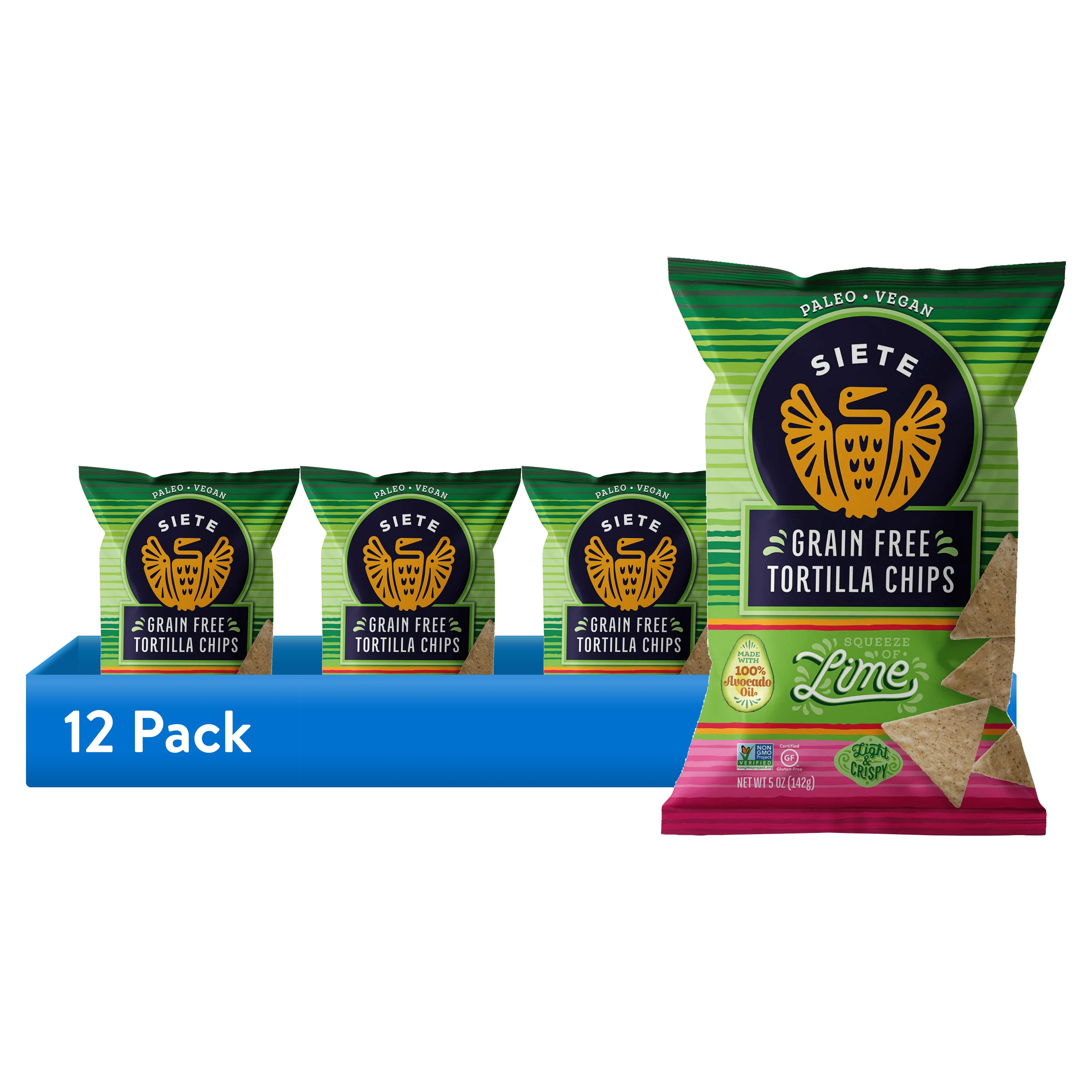 12 pack) Siete Family Foods Tortilla Chip, Hint of Lime, 5 oz Bag