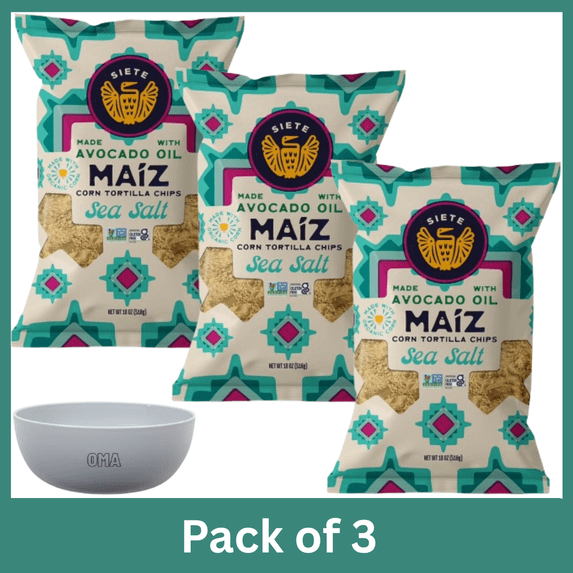 Siete Maiz Sea Salt Corn Tortilla Chips, 18 oz Bags, Pack of 3 with Serving Bowl by OMA