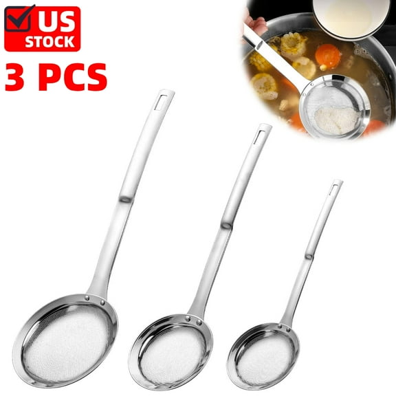 Sieve Fine Mesh Strainer Set Stainless Steel Metal Flat Cooking Skimmer Ladle Colander With Handle Food Strainer Kitchen Tools For Kitchen Baking Oil Filter Flour Sifter Foam,L M S 3Pack