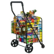 Siffler Shopping Cart with Swivel Wheels, Folding Portable Grocery Cart with Adjustable Handle Height, Utility Cart with Double Baskets for Shopping Laundry Groceries, Hold up to 85L/Max 66lbs