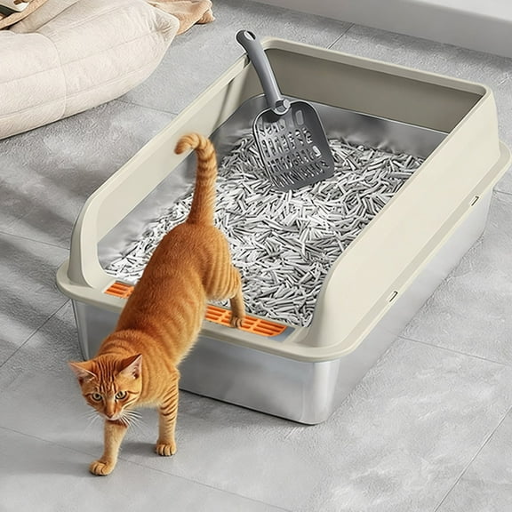 Sifting Litter Box,Stainless Steel Sifting Litter Box,Sifting Cat Litter Box,Big Cats Metal Pellet Litter Pan System,Khaki