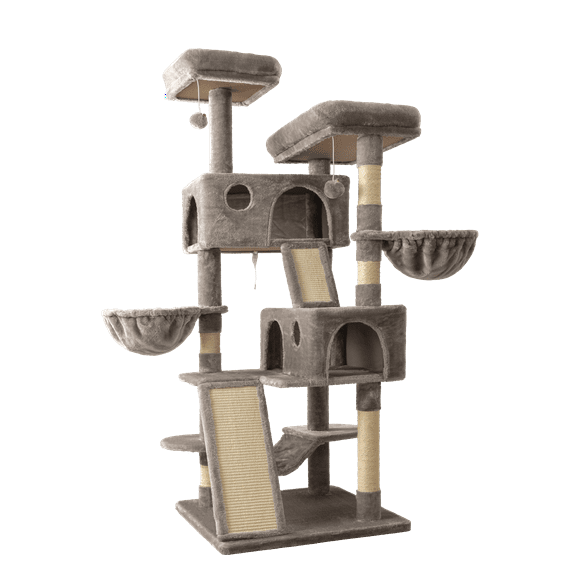 Sifurni 65.7" Large Cat Tree Tower Condo House for Cats with 2 Scratching Ramps, Hammock & Posts, Gray