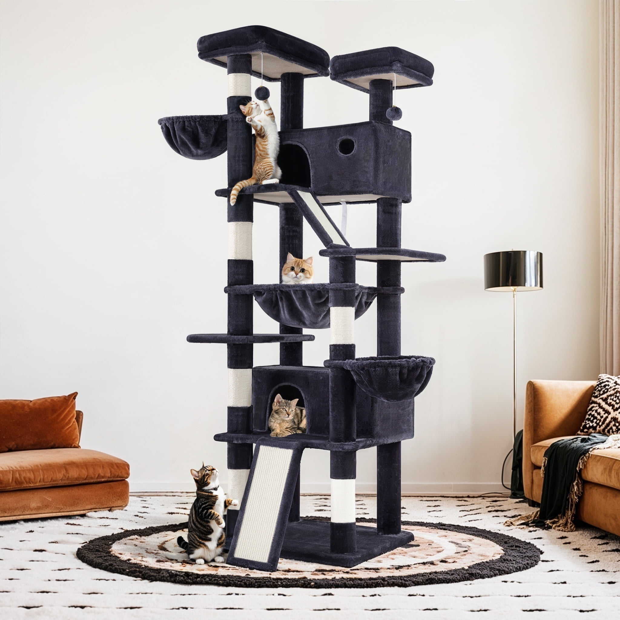 Sifurni 81" Multi-Level Tall Cat Tree Tower for Large Cat with Cat Condo and Hammock, Scratching Post & Scratching Ramp, Blue