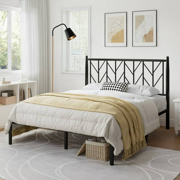 Allewie Black Full Size Modern Metal Platform Bed Frame with Vintage Headboard and 12" Under-bed Storage