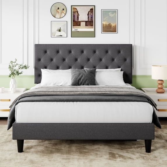 Sifurni Full Fabric Upholstered Platform Bed Frame with Adjustable Diamond-Tufted Headboard, Dark Gray