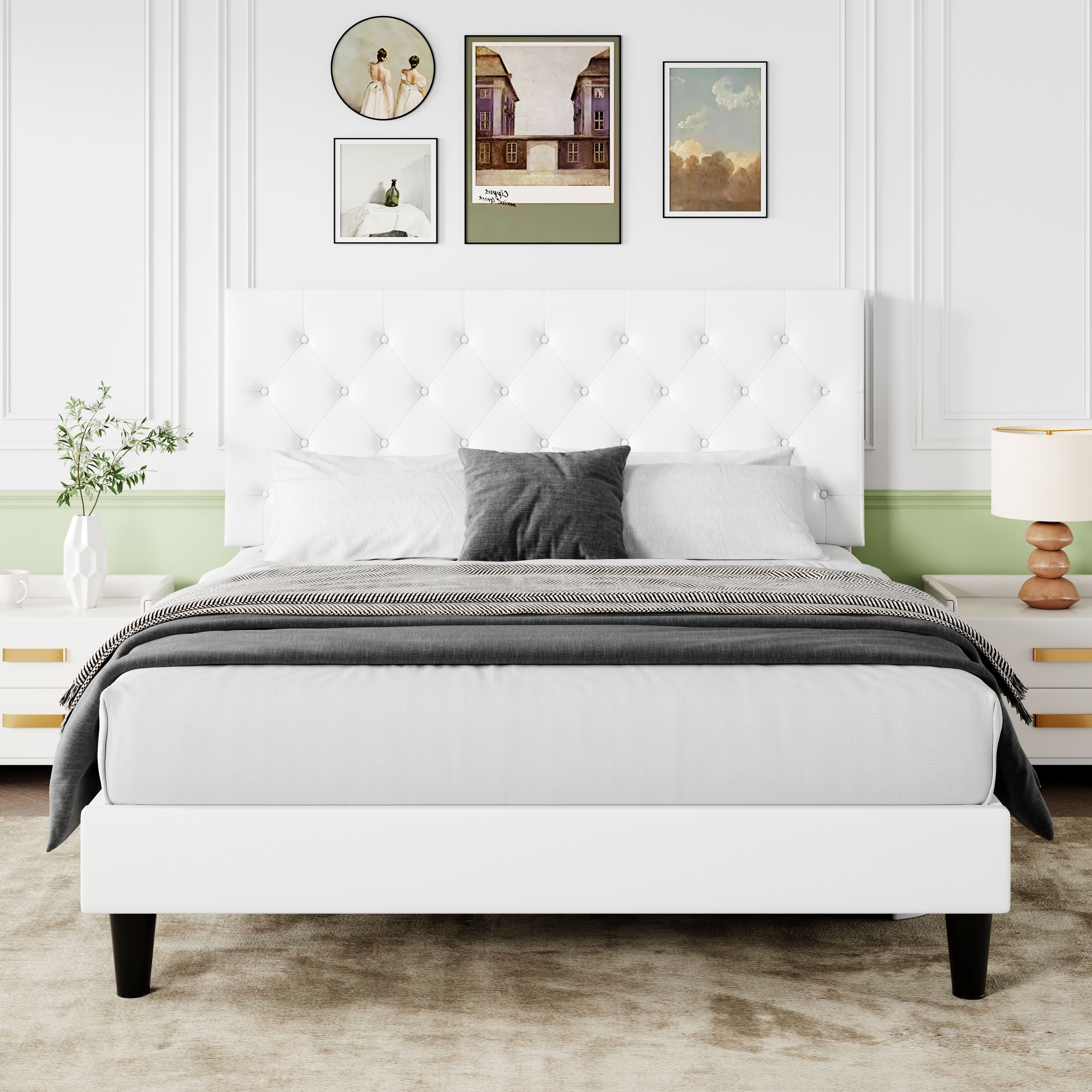 Sifurni Full Faux Leather Upholstered Platform Bed Frame with Adjustable Diamond-Tufted Headboard, White