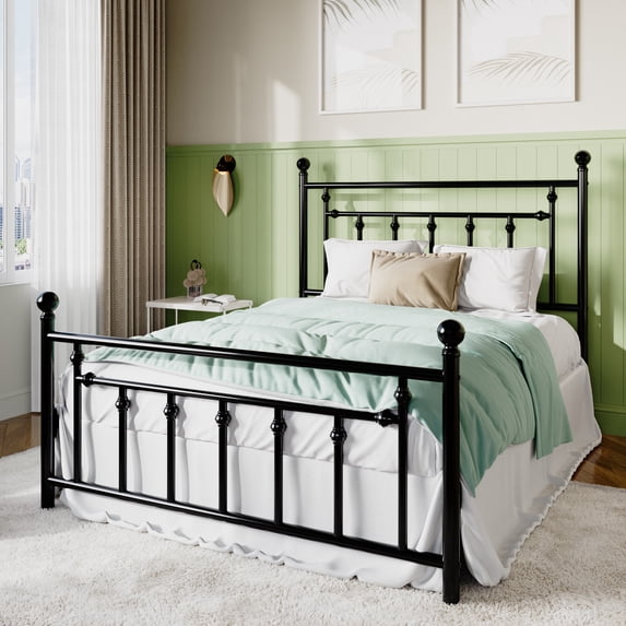 Sifurni Full Size Metal Platform Bed Frame with Victorian Vintage Headboard, Black