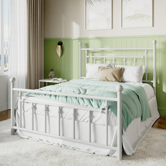 Sifurni Full Size Metal Platform Bed Frame with Victorian Vintage Headboard, White