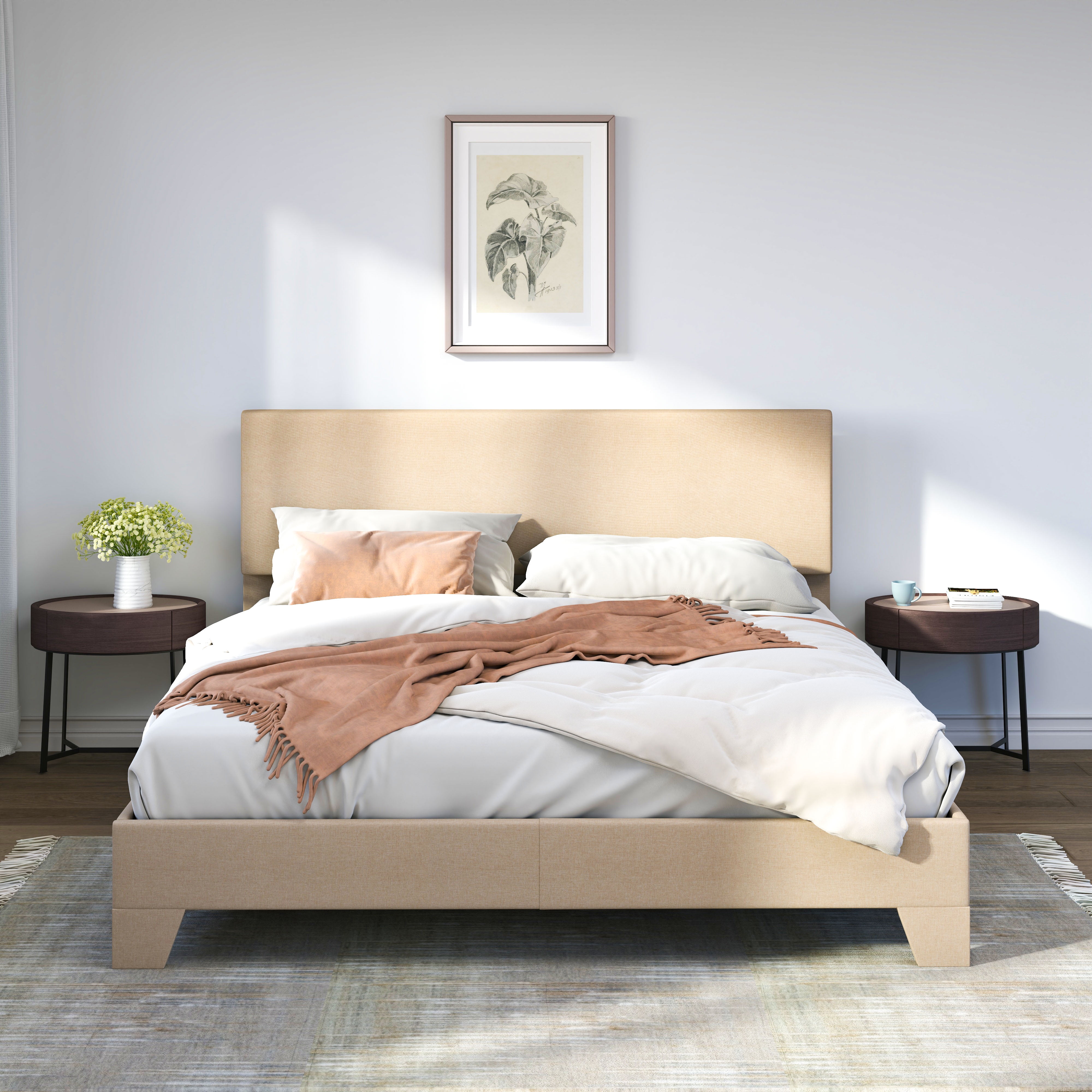 Sifurni Full Size Platform Bed Fame with Upholstered Adjustable Fabric Headboard, Beige
