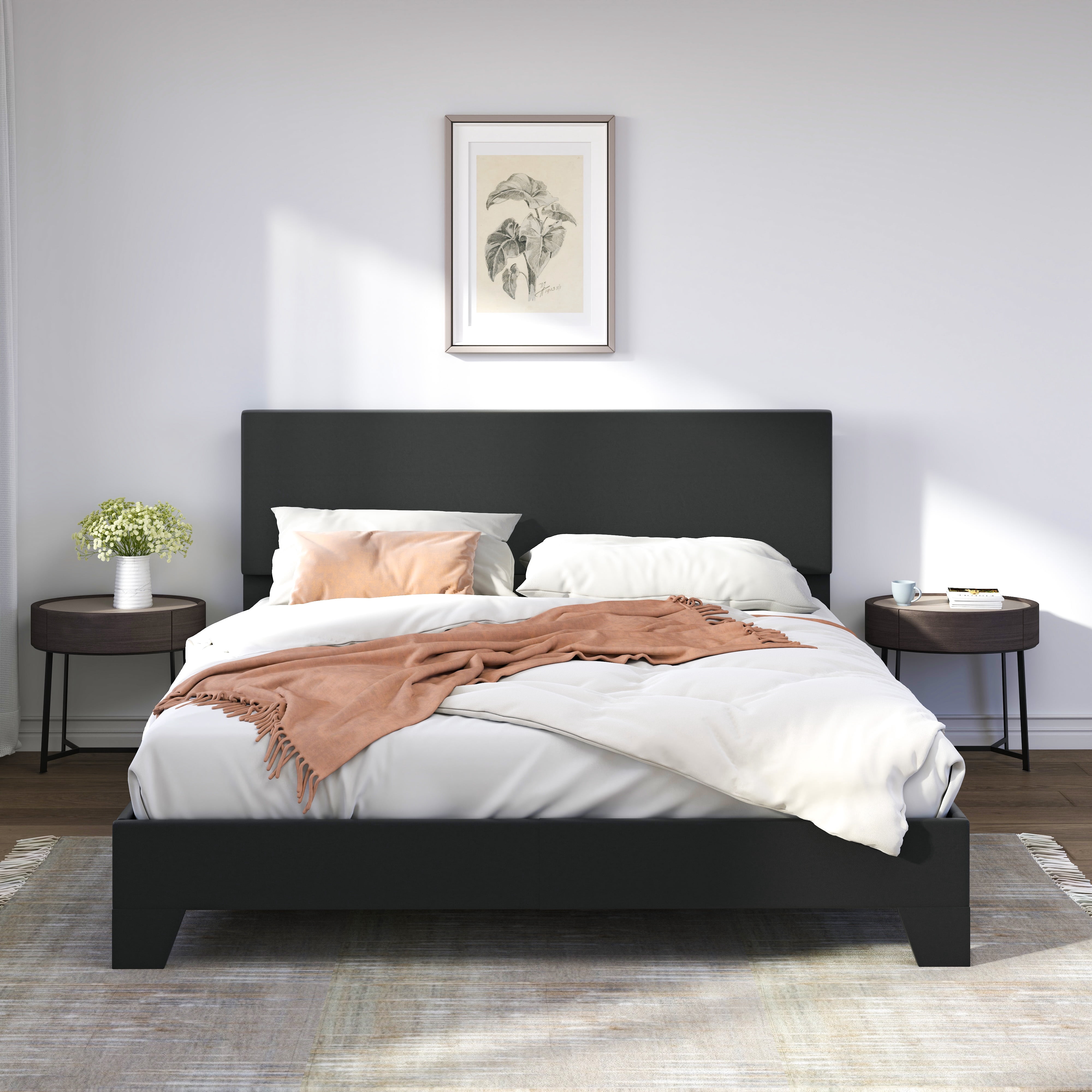 Sifurni Full Size Platform Bed Fame with Upholstered Adjustable Leather Headboard, Black