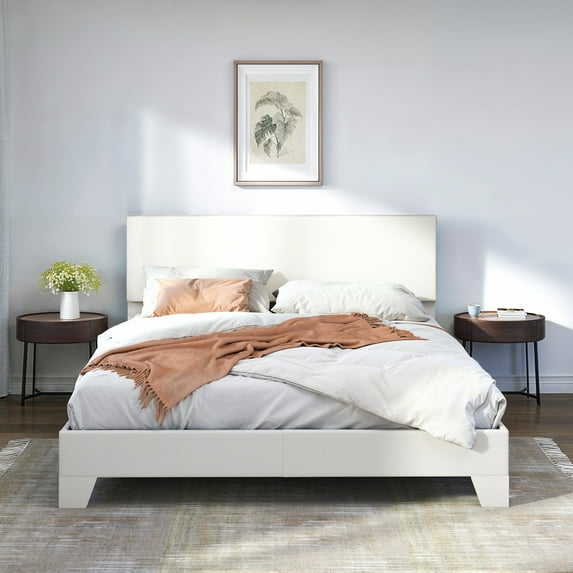 Sifurni Full Size Platform Bed Fame with Upholstered Adjustable Leather Headboard, White