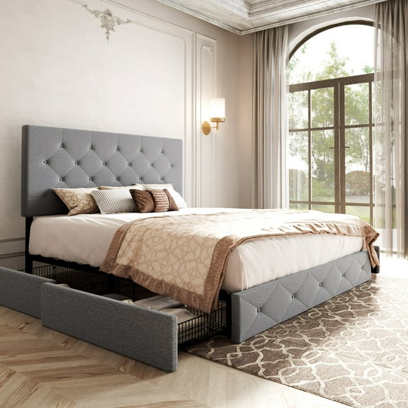 Sifurni Full Size Upholstered Platform Bed Frame with 4 Drawers Storage and Diamond Stitched Button Tufted Headboard, Light Grey