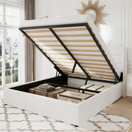 Sifurni Full Size Velvet Lift up Hydraulic Storage Platform Bed Frame with Panel Upholstered Wingback Headboard, White
