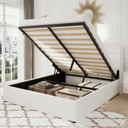 Sifurni Full Size Velvet Lift up Hydraulic Storage Platform Bed Frame with Panel Upholstered Wingback Headboard, White