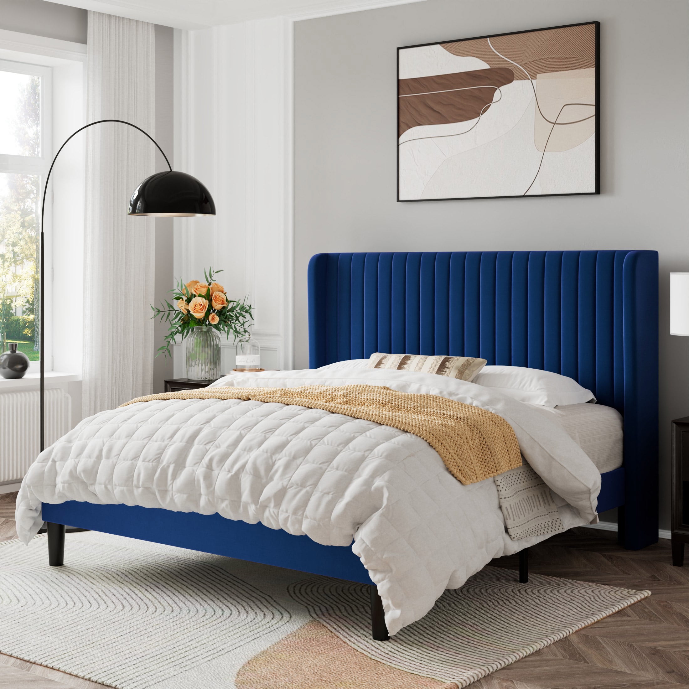 Sifurni Full Size Velvet Platform Bed Frame with Vertical Channel