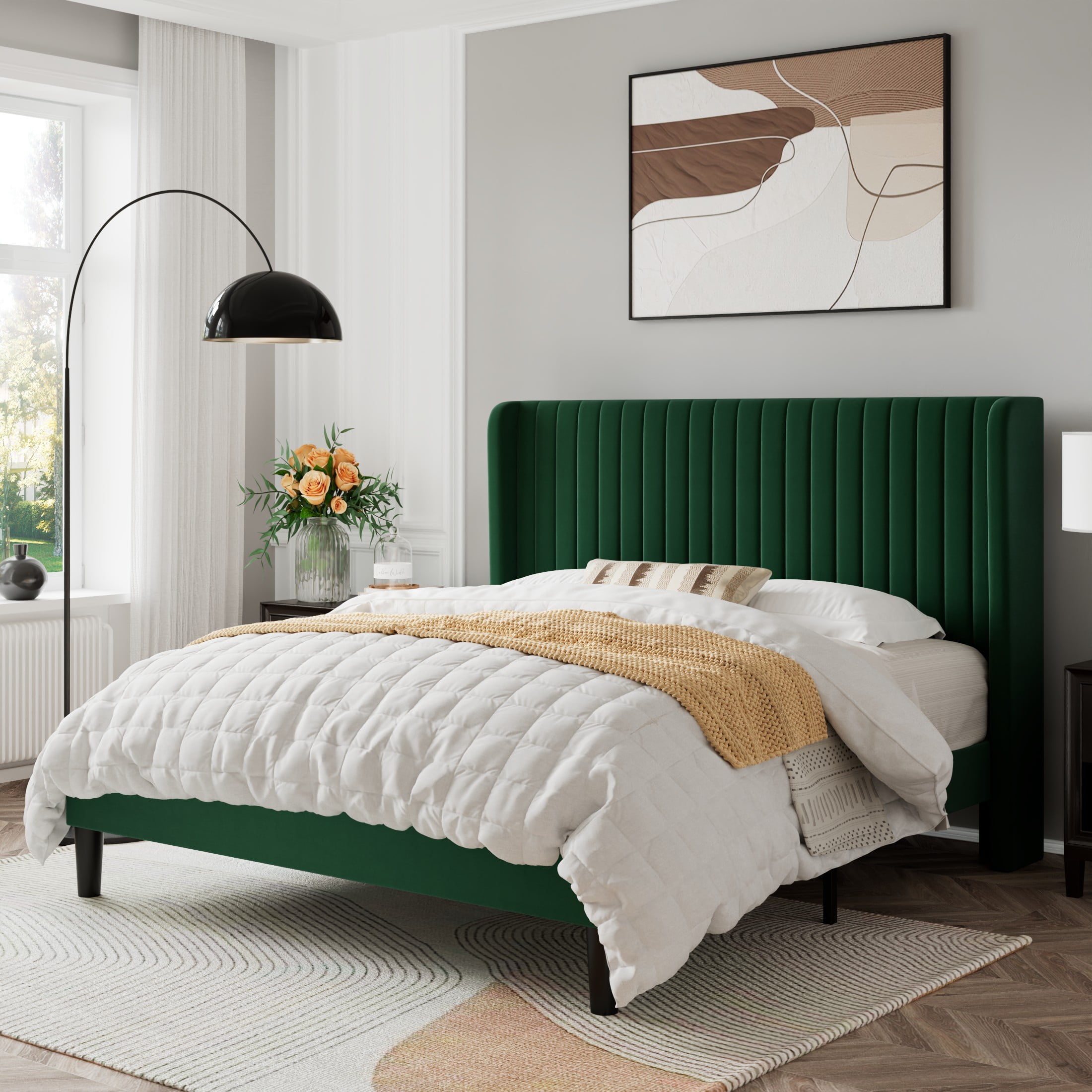 Sifurni Full Size Velvet Platform Bed Frame with Vertical Channel Tufted Wingback Headboard, Green
