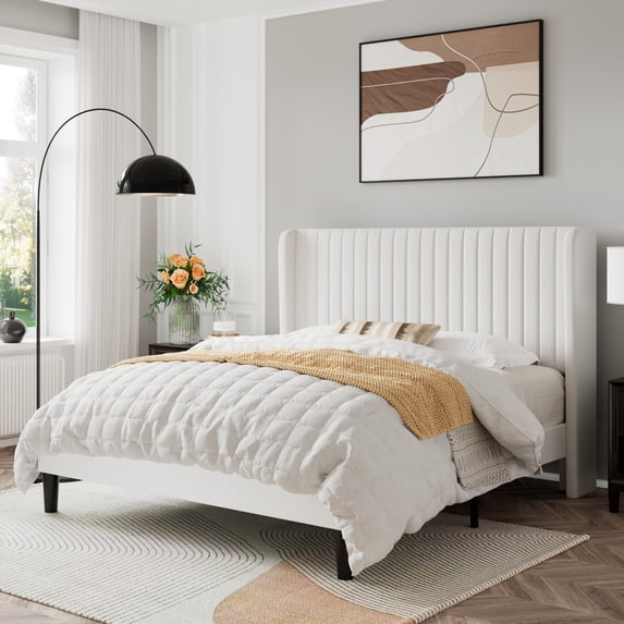 Sifurni Full Size Velvet Platform Bed Frame with Vertical Channel Tufted Wingback Headboard, Off White