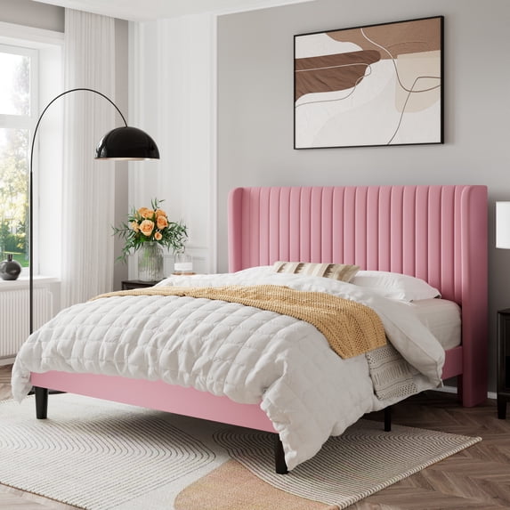 Sifurni Full Size Velvet Platform Bed Frame with Vertical Channel Tufted Wingback Headboard, Pink