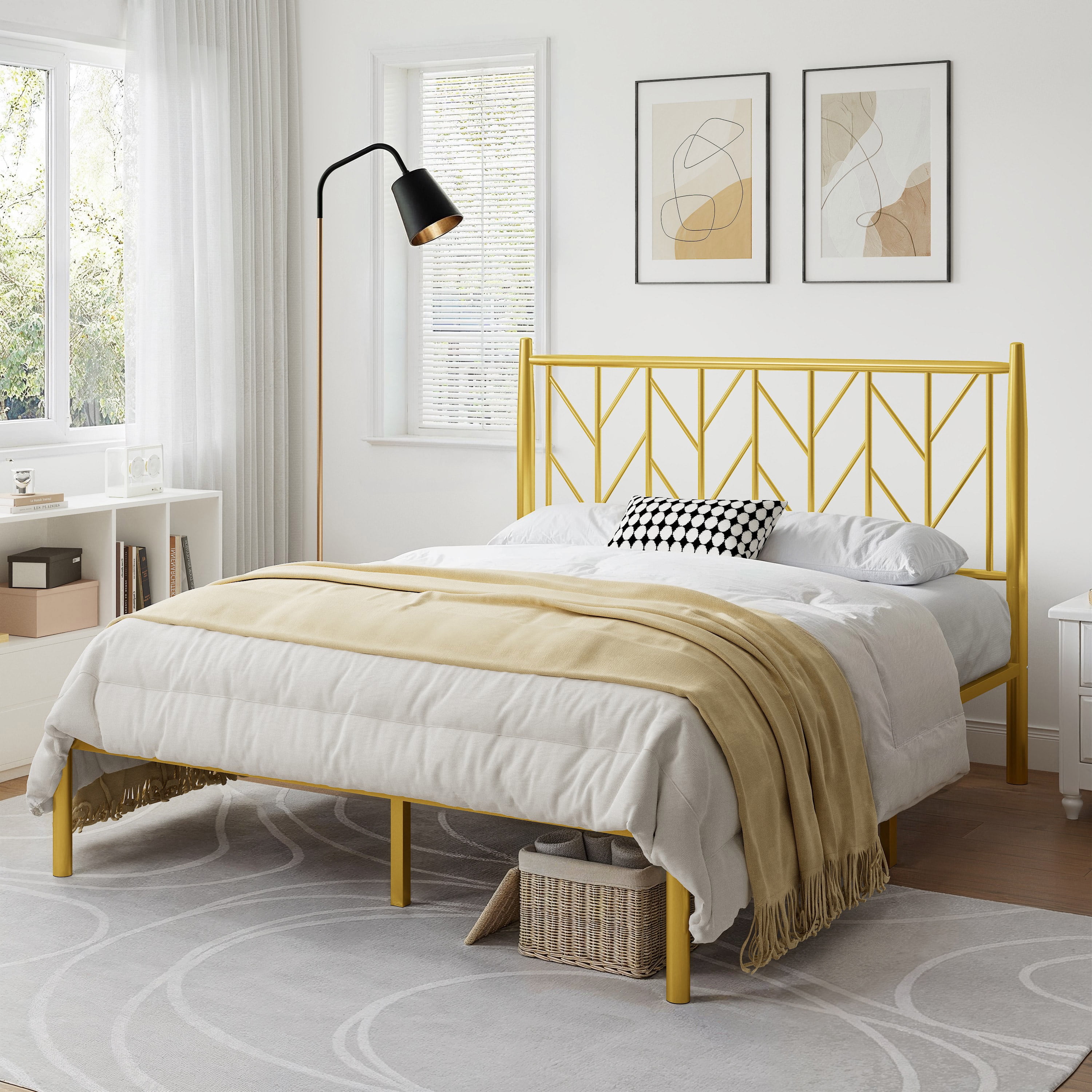 Allewie Gold Full Size Modern Metal Platform Bed Frame with Vintage Headboard and 12 Under bed Storage