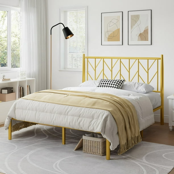 Allewie Gold Queen Size Modern Metal Platform Bed Frame with Vintage Headboard and 12 Under bed Storage