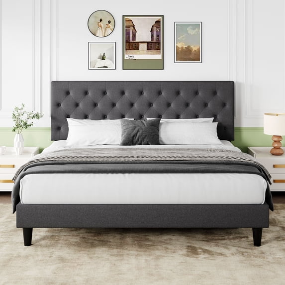 Sifurni King Fabric Upholstered Platform Bed Frame with Adjustable Diamond-Tufted Headboard, Dark Gray