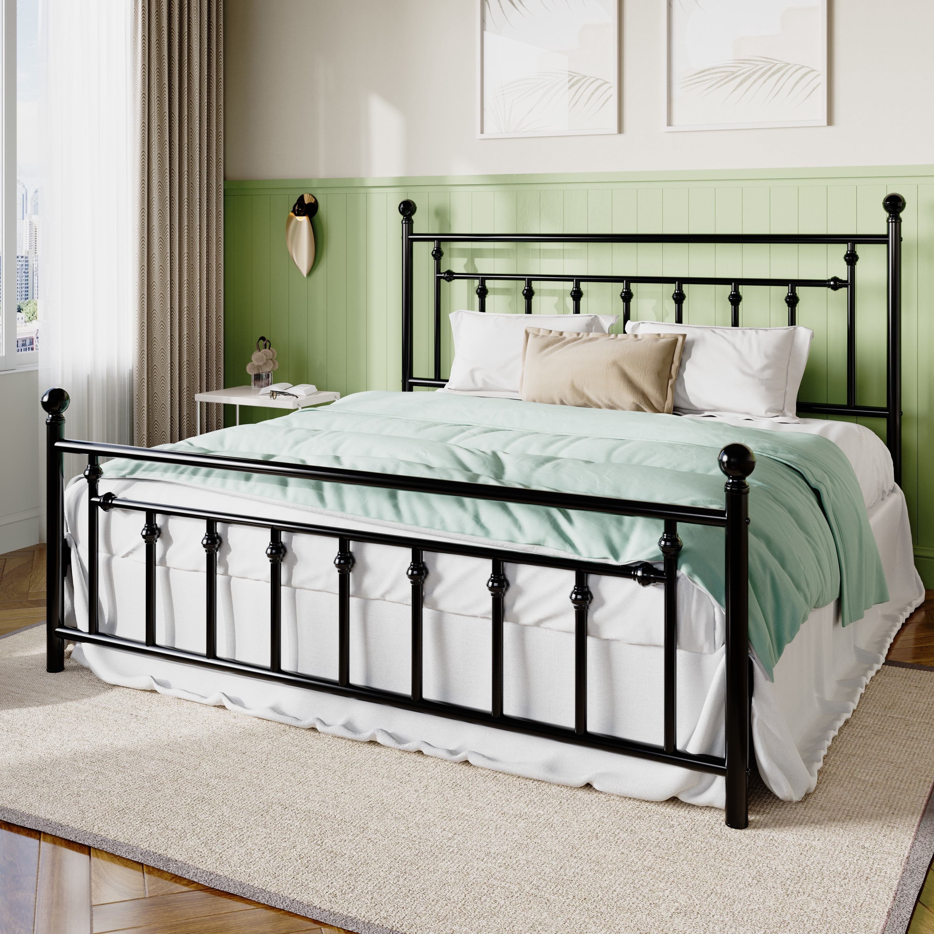 Sifurni King Size Metal Platform Bed Frame with Victorian Vintage Headboard, Black