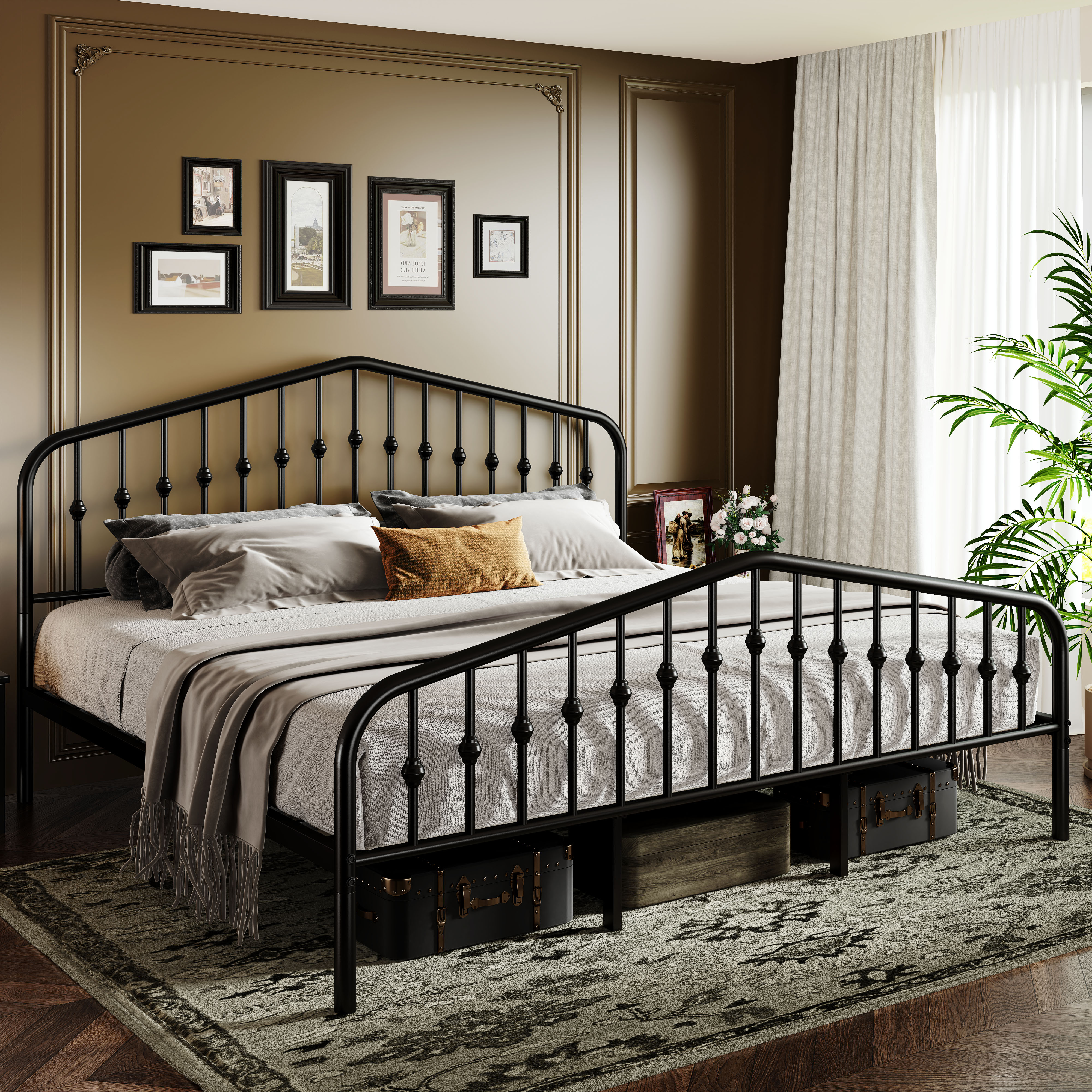 Sifurni Black King Size Metal Platform Bed Frame with Vintage Victorian Headboard & Footboard, Adult