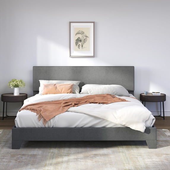 Sifurni King Size Platform Bed Fame with Upholstered Adjustable Fabric Headboard, Dark Grey