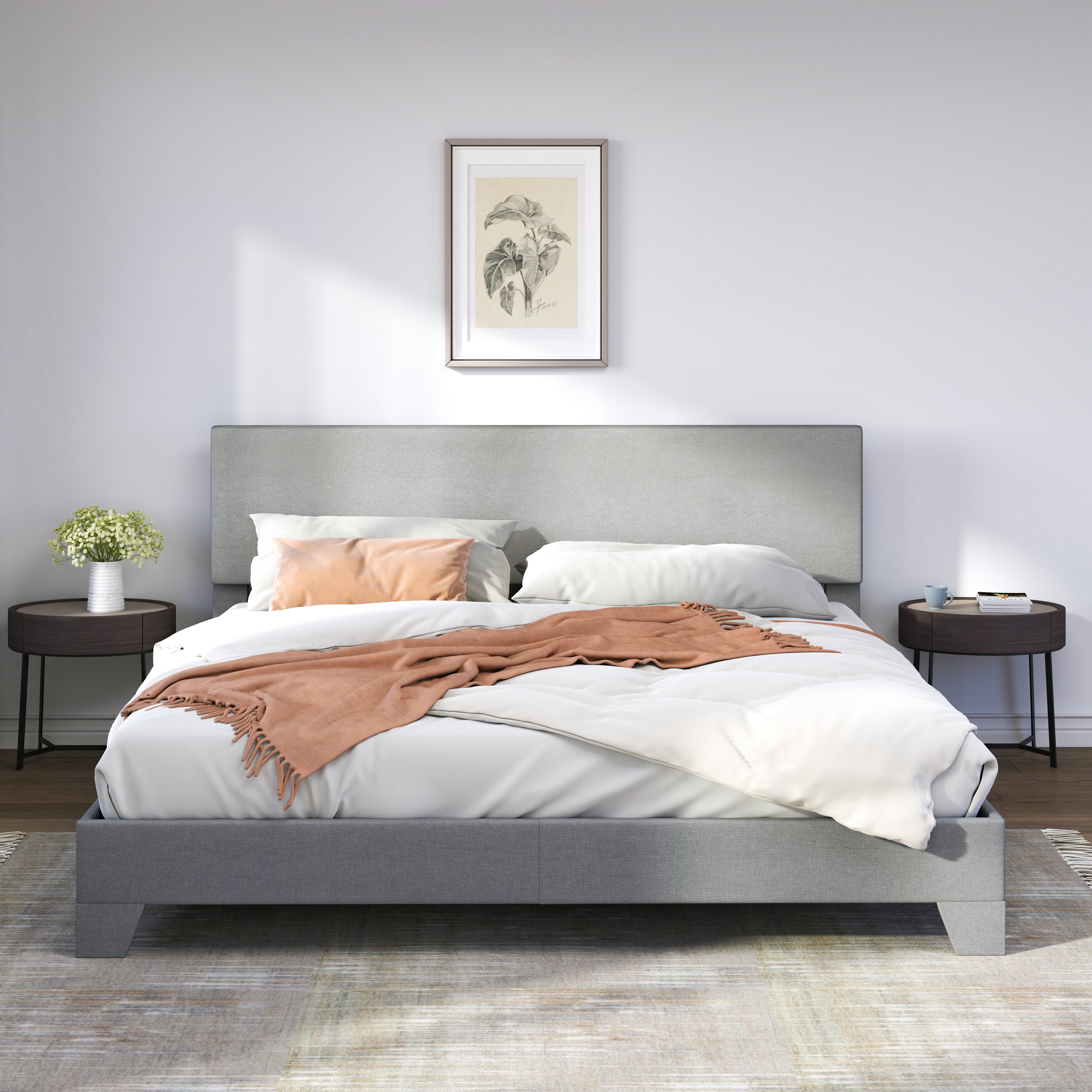 Sifurni King Size Platform Bed Fame with Upholstered Adjustable Fabric Headboard, Light Grey