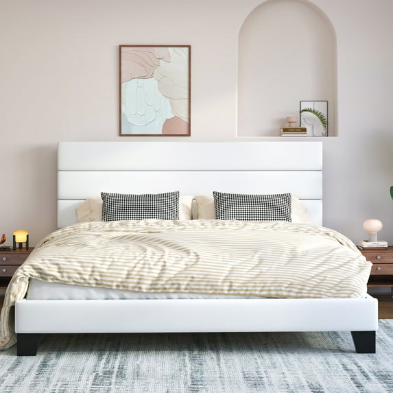 Sifurni King Size Platform Bed Frame with Velvet Upholstered Headboard, Easy Assembly, No Box Spring Needed, White