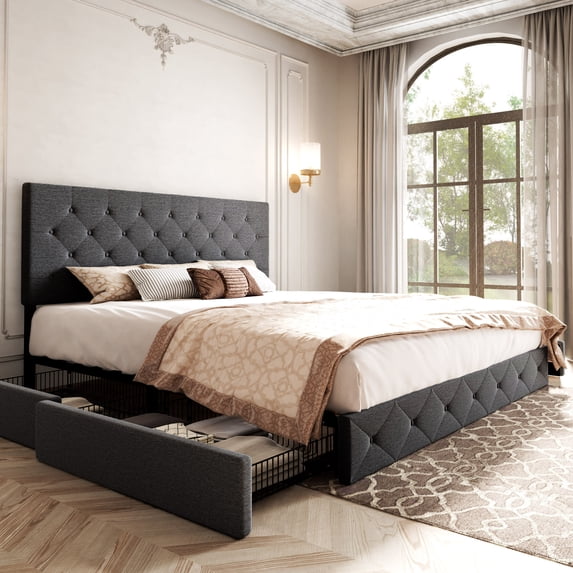 Sifurni King Size Upholstered Platform Bed Frame with 4 Drawers Storage and Diamond Stitched Button Tufted Headboard, Dark Grey