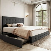 Sifurni King Size Upholstered Platform Bed Frame with 4 Drawers Storage and Square Stitched Button Tufted Headboard, Dark Grey