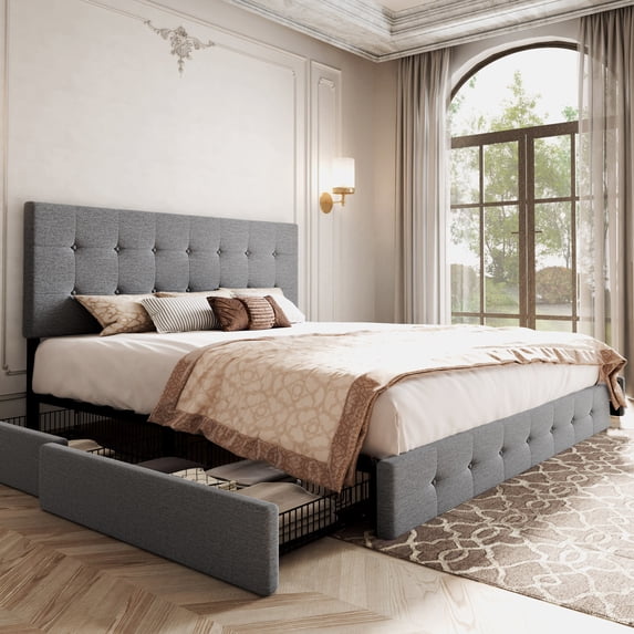 Sifurni King Size Upholstered Platform Bed Frame with 4 Drawers Storage and Square Stitched Button Tufted Headboard, Light Grey