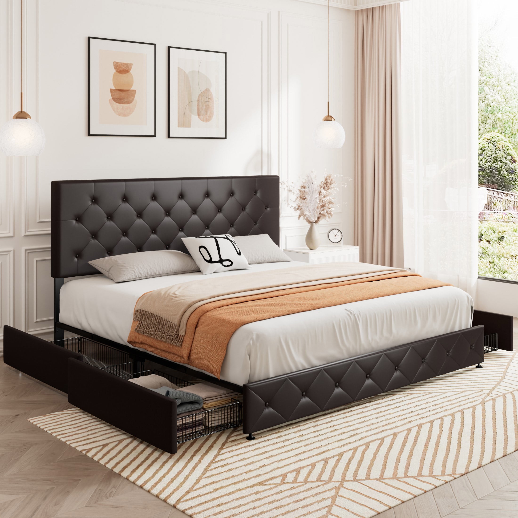 Sifurni King Size Upholstered Platform Bed Frame with 4 Drawers and Diamond Stitched Button Tufted Headboard, Black-brown